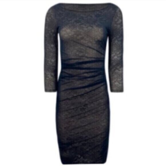 Reiss Dark Blue Sheer Lace Underlay Ruched Bodycon Midi Dress - Picture 2 of 11